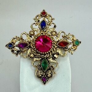 Vintage Large Multi Colored Rhinestone Royal Renaissance Brooch Statement Piece